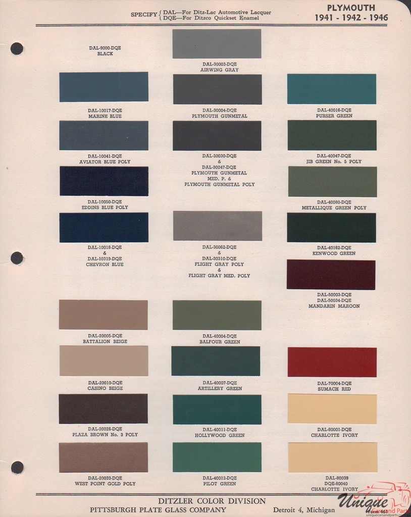 1942 Plymouth Paint Charts PPG 1